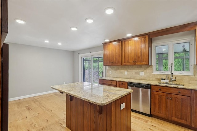1717 Gina Dr, West Mifflin, PA 15122 - kitchen featuring dishwasher, tasteful backsplash, brown cabinetry, light stone counters, and recessed lighting
