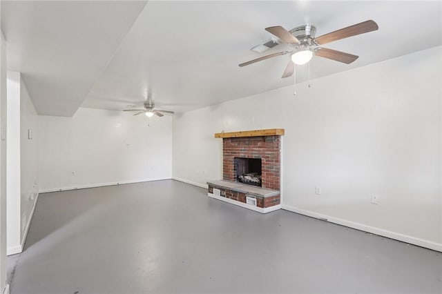 1717 Gina Dr, West Mifflin, PA 15122 - unfurnished living room with a ceiling fan, finished concrete flooring, and a brick fireplace