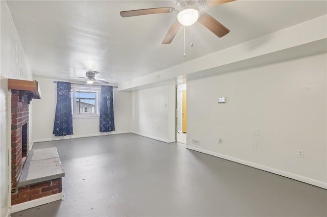 1717 Gina Dr, West Mifflin, PA 15122 - unfurnished living room featuring concrete floors, a ceiling fan, and a brick fireplace