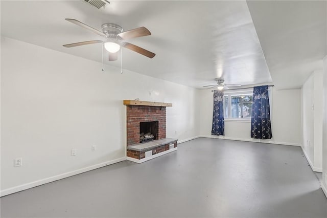 1717 Gina Dr, West Mifflin, PA 15122 - unfurnished living room featuring a ceiling fan, finished concrete flooring, and a brick fireplace
