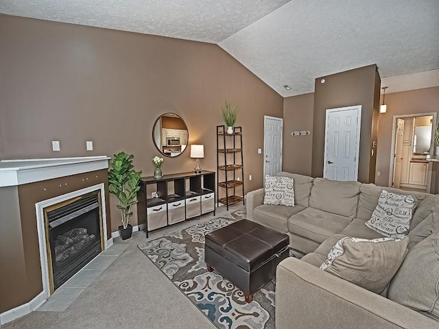 310 Stockton Rdg, Cranberry Twp, PA 16066 - carpeted living room with vaulted ceiling, a fireplace with flush hearth, and a textured ceiling