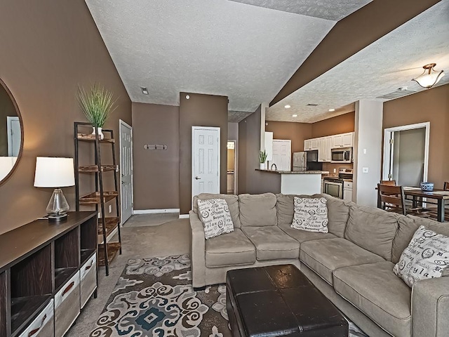 310 Stockton Rdg, Cranberry Twp, PA 16066 - carpeted living area with a textured ceiling and vaulted ceiling