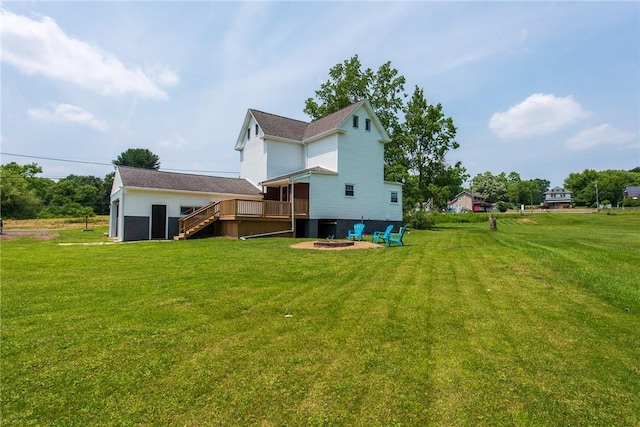 190 Hillview Manor Rd, Gilpin Twp, PA 15656 - back of house featuring stairway, a wooden deck, a yard, and an outdoor fire pit