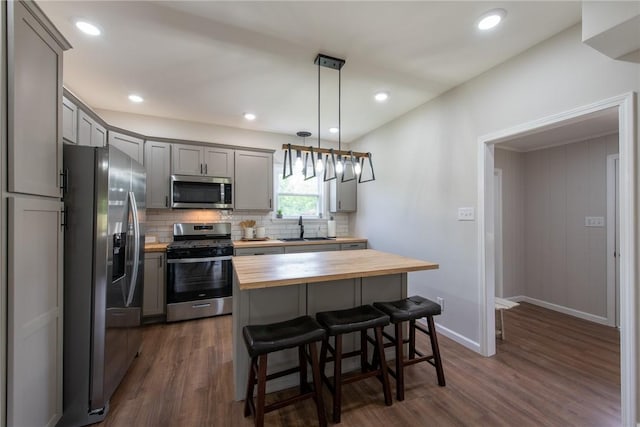 190 Hillview Manor Rd, Gilpin Twp, PA 15656 - kitchen with butcher block countertops, stainless steel appliances, gray cabinets, backsplash, and dark wood-type flooring