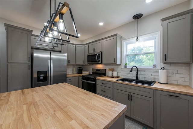190 Hillview Manor Rd, Gilpin Twp, PA 15656 - kitchen featuring wooden counters, stainless steel appliances, gray cabinets, tasteful backsplash, and recessed lighting