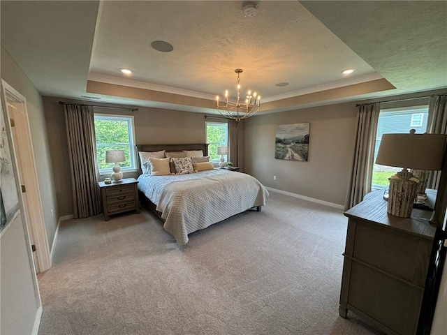 116 Mesa Dr, Moon/Crescent Twp, PA 15108 - bedroom featuring a raised ceiling, light carpet, and a chandelier