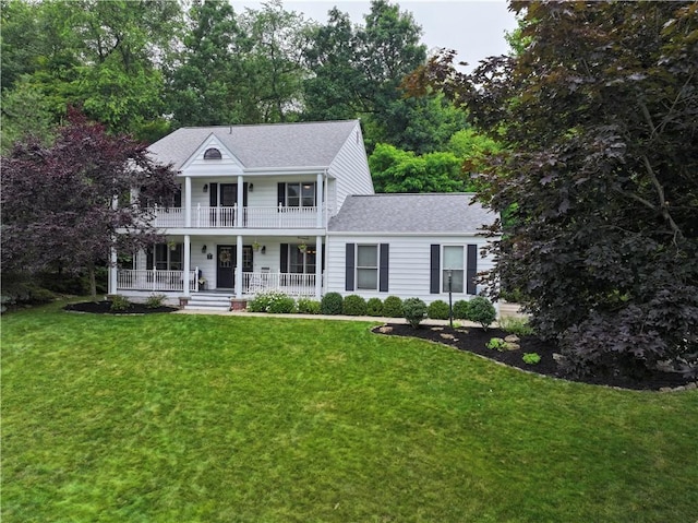 314 Westburn Ct, Seven Fields Boro, PA 16046 - greek revival house with a porch, roof with shingles, a front lawn, and a balcony