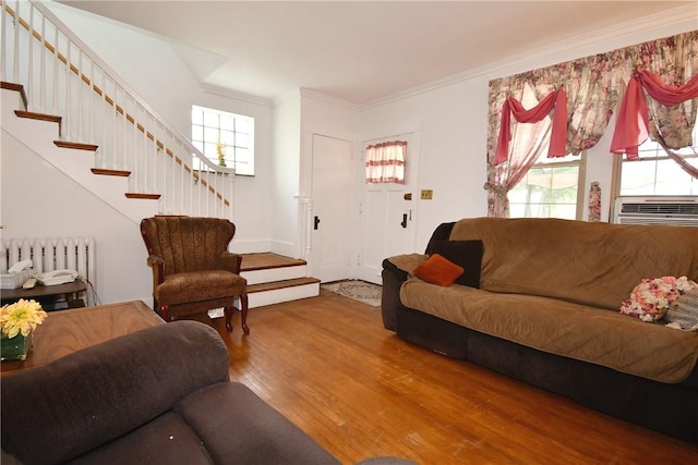 2464-2466 Beechwood Blvd, Squirrel Hill, PA 15217 - living room with radiator, wood finished floors, stairs, cooling unit, and crown molding