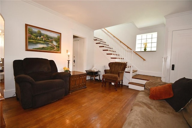 2464-2466 Beechwood Blvd, Squirrel Hill, PA 15217 - living room with radiator, stairs, wood finished floors, ornamental molding, and arched walkways