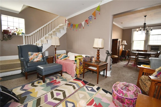 2464-2466 Beechwood Blvd, Squirrel Hill, PA 15217 - living area featuring crown molding, carpet floors, a chandelier, stairs, and cooling unit