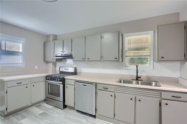 505 Bellwood Rd, West Mifflin, PA 15122 - kitchen with appliances with stainless steel finishes, under cabinet range hood, gray cabinets, and light countertops