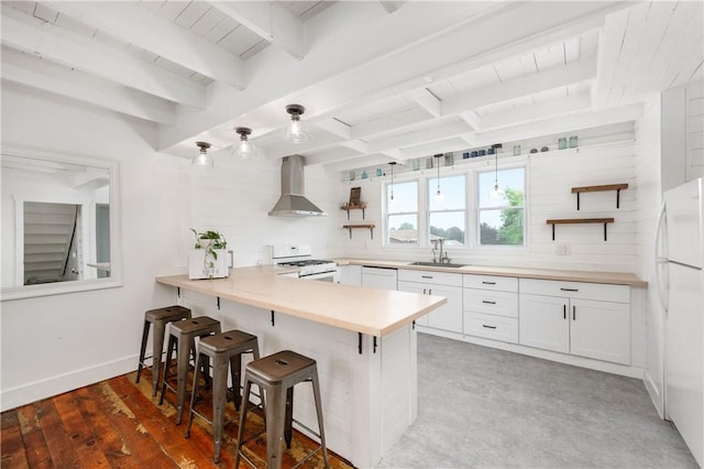 221 Connoquenessing Main St, Connoquenessing Boro, PA 16027 - kitchen featuring white appliances, wall chimney range hood, open shelves, a breakfast bar area, and a wooden ceiling with exposed beams
