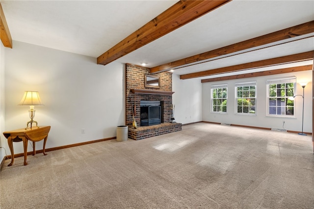 215 Lafayette Dr, Cranberry Twp, PA 16066 - unfurnished living room with a fireplace, beamed ceiling, and carpet floors