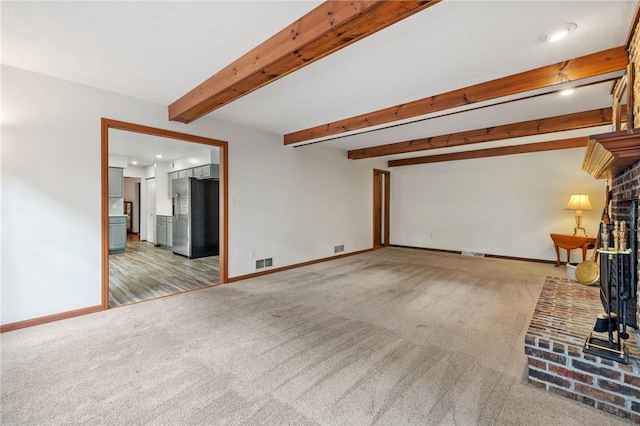 215 Lafayette Dr, Cranberry Twp, PA 16066 - unfurnished living room with carpet, a fireplace, beam ceiling, and recessed lighting