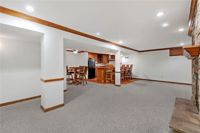 215 Lafayette Dr, Cranberry Twp, PA 16066 - living room with bar, light colored carpet, recessed lighting, and crown molding