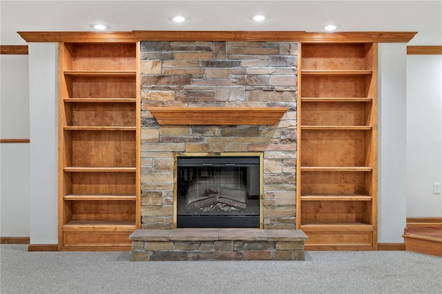215 Lafayette Dr, Cranberry Twp, PA 16066 - detailed view of carpet, a stone fireplace, and recessed lighting