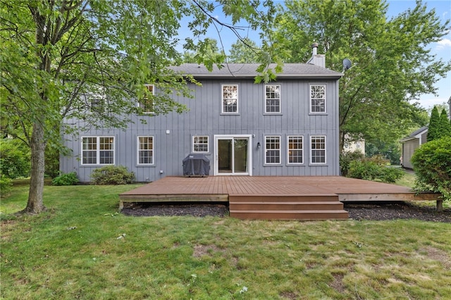 215 Lafayette Dr, Cranberry Twp, PA 16066 - back of property featuring a chimney, a lawn, and a deck