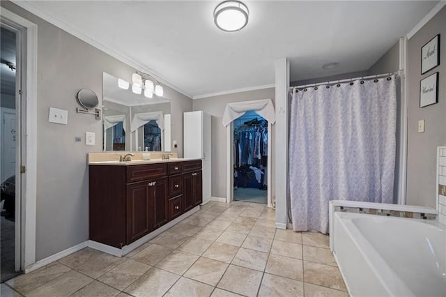 206 7th St, Oakmont, PA 15139 - bathroom featuring vanity, a garden tub, ornamental molding, curtained shower, and tile patterned flooring