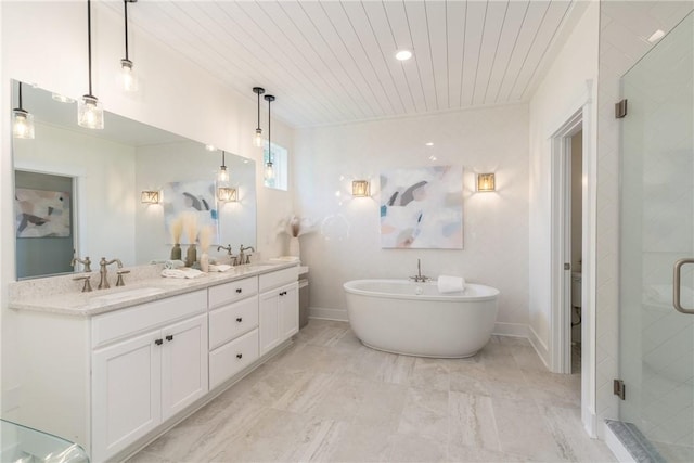 287 Mcmurray Rd, Saint Clair, PA 15241 - bathroom with double vanity, a shower stall, a soaking tub, wood ceiling, and marble finish floors