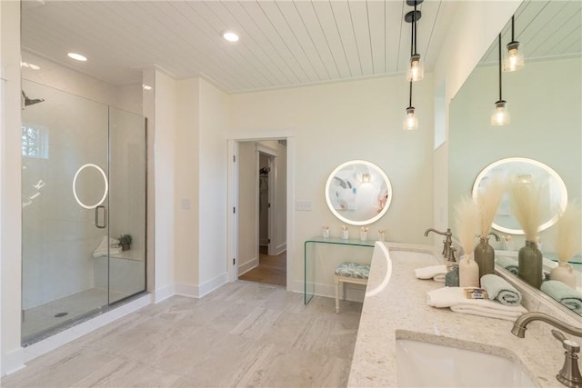 287 Mcmurray Rd, Saint Clair, PA 15241 - bathroom with a stall shower, wood ceiling, double vanity, and recessed lighting
