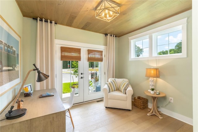 287 Mcmurray Rd, Saint Clair, PA 15241 - sitting room featuring french doors, light wood-style floors, wood ceiling, and a chandelier