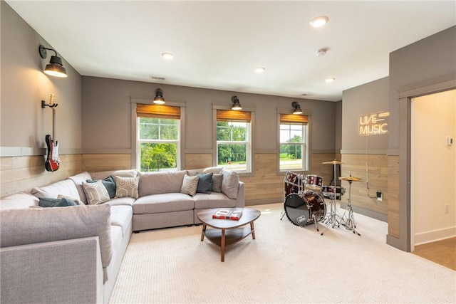 287 Mcmurray Rd, Saint Clair, PA 15241 - living room with a wainscoted wall, recessed lighting, carpet floors, and wooden walls