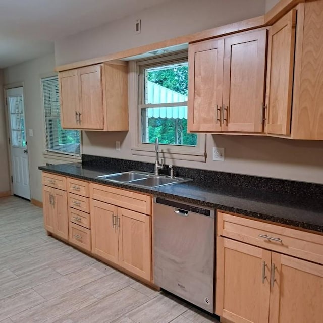 120 Rothen Ave, Twp Of But Nw, PA 16001 - kitchen featuring stainless steel dishwasher, light brown cabinetry, light wood-type flooring, and dark stone counters