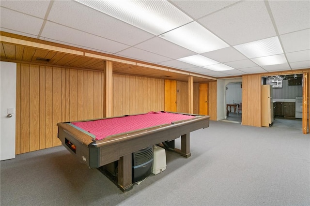 1146 Middletown, Hempfield Twp, PA 15601 - rec room with carpet flooring, billiards table, wooden walls, and a drop ceiling