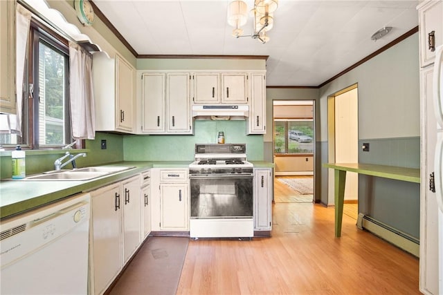 769 Russell Ave, Greater Johnstown School District, PA 15902 - kitchen with white appliances, under cabinet range hood, a baseboard radiator, crown molding, and light wood-style flooring