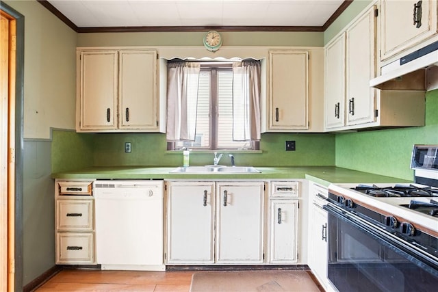 769 Russell Ave, Greater Johnstown School District, PA 15902 - kitchen with dishwasher, black gas range, under cabinet range hood, crown molding, and light countertops