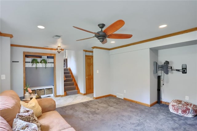 2116 Stewart Rd, South Park, PA 15129 - unfurnished living room with stairway, recessed lighting, a ceiling fan, carpet, and crown molding