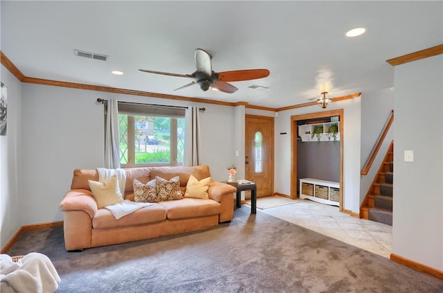 2116 Stewart Rd, South Park, PA 15129 - living area with ornamental molding, light carpet, stairway, ceiling fan, and recessed lighting