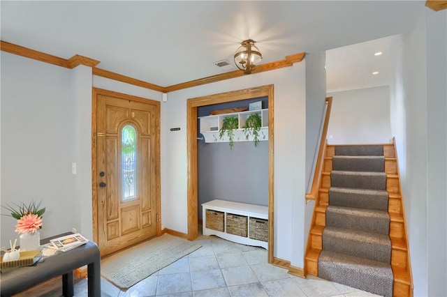 2116 Stewart Rd, South Park, PA 15129 - entryway with stairway, crown molding, and recessed lighting