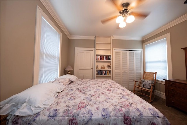 2507 Duncan Ave, Hampton, PA 15101 - bedroom with dark colored carpet, a closet, crown molding, and ceiling fan
