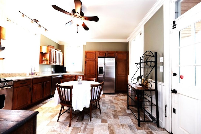 2507 Duncan Ave, Hampton, PA 15101 - kitchen featuring appliances with stainless steel finishes, healthy amount of natural light, open shelves, a ceiling fan, and crown molding