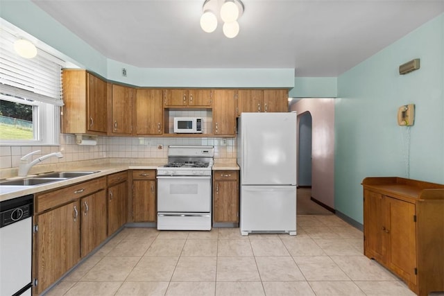 3040 Broadway Ave, Castle Shannon, PA 15234 - kitchen featuring white appliances, brown cabinets, and decorative backsplash