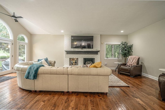 117 Cidar Ln, Peters Twp, PA 15317 - living room with healthy amount of natural light, dark wood-style flooring, a fireplace, a ceiling fan, and recessed lighting