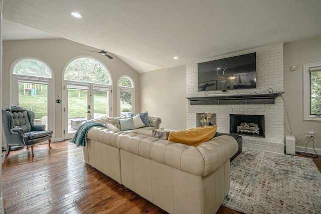 117 Cidar Ln, Peters Twp, PA 15317 - living room with a ceiling fan, a brick fireplace, wood-type flooring, vaulted ceiling, and recessed lighting