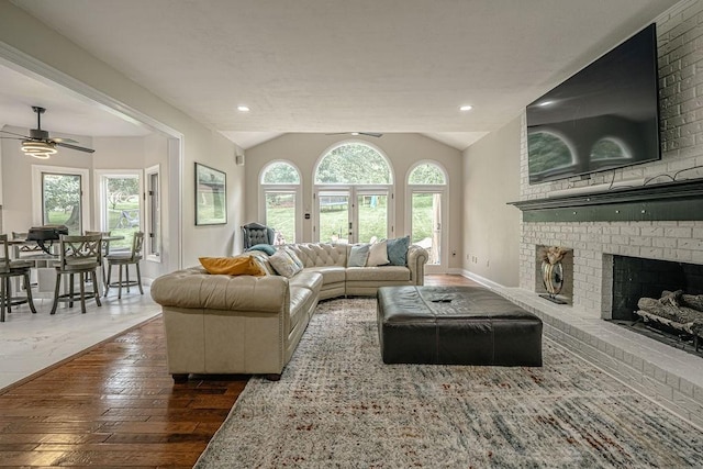 117 Cidar Ln, Peters Twp, PA 15317 - living area featuring ceiling fan, a fireplace, dark wood finished floors, vaulted ceiling, and recessed lighting