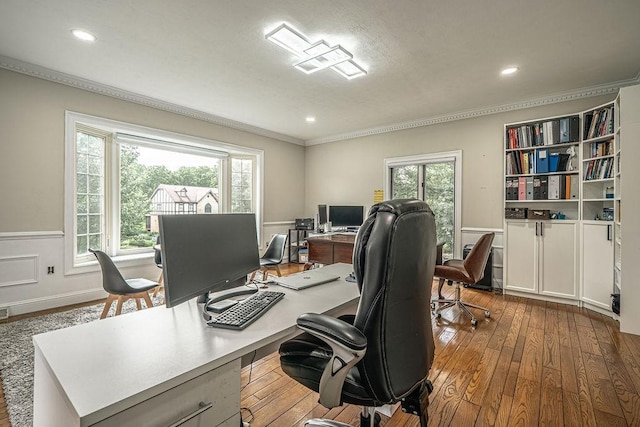 117 Cidar Ln, Peters Twp, PA 15317 - office with ornamental molding, plenty of natural light, dark wood finished floors, recessed lighting, and a wainscoted wall