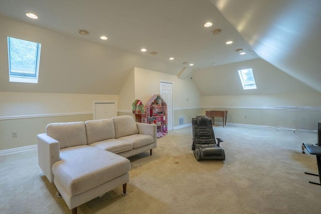 117 Cidar Ln, Peters Twp, PA 15317 - living area with a skylight, light carpet, lofted ceiling, and recessed lighting