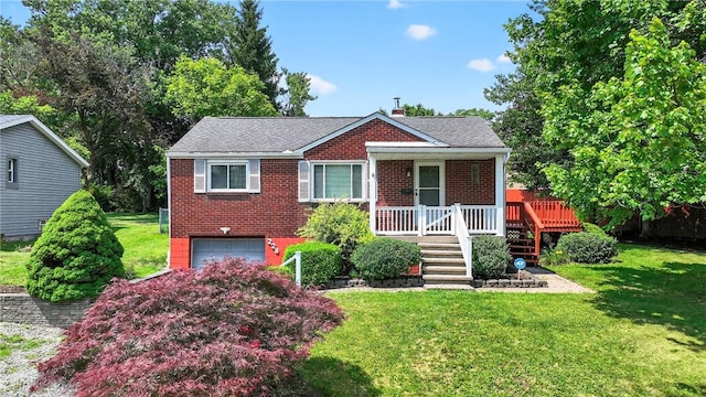 228 Mcmasters Dr, Monroeville, PA 15146 - bungalow featuring a garage, a front lawn, brick siding, stairs, and a wooden deck