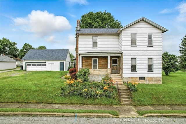 61 S 10th St, Sharpsville, PA 16150 - view of front facade with a chimney, a front lawn, a porch, and stairway
