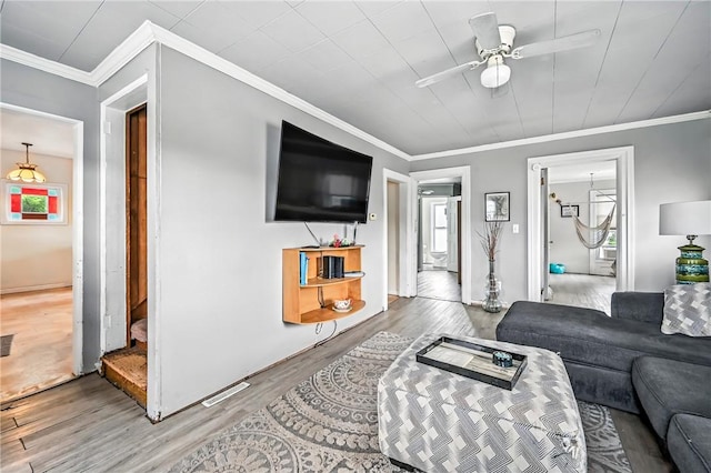 61 S 10th St, Sharpsville, PA 16150 - living room with wood finished floors, a ceiling fan, and ornamental molding