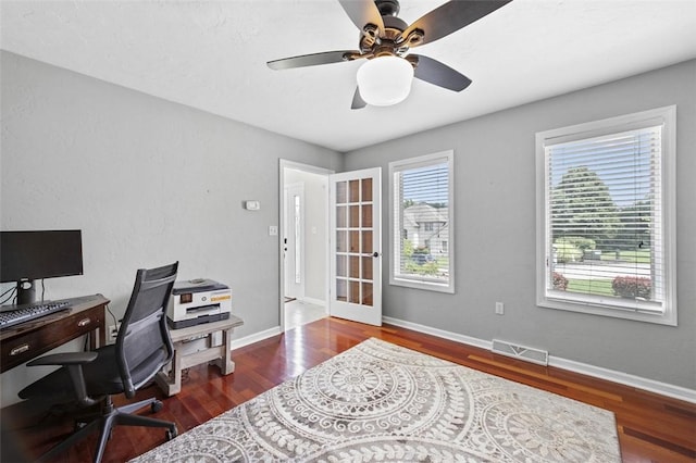 1007 Cicero Dr, Hempfield Twp, PA 15642 - office area featuring wood finished floors, a ceiling fan, and french doors