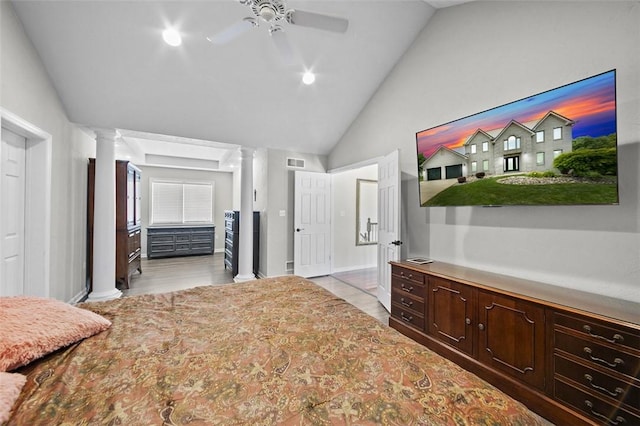 1007 Cicero Dr, Hempfield Twp, PA 15642 - bedroom with ornate columns, vaulted ceiling, ceiling fan, and light wood-style flooring