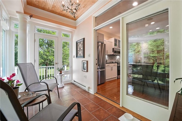 13 Kings Ln, Pine Twp, PA 16127 - entryway with a baseboard radiator, ornamental molding, plenty of natural light, dark tile patterned floors, and wood ceiling