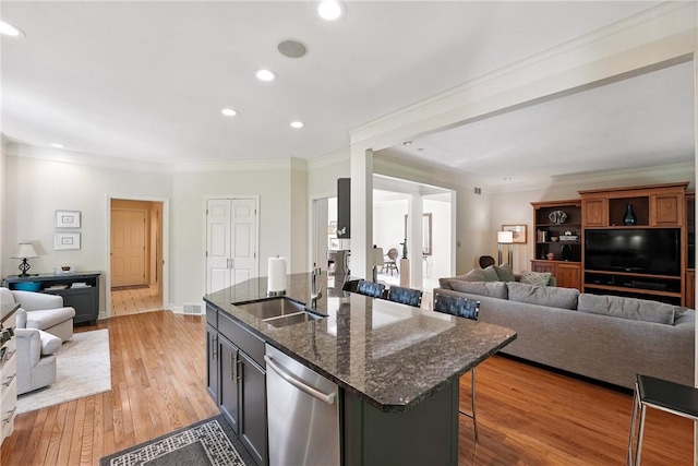 13 Kings Ln, Pine Twp, PA 16127 - kitchen featuring stainless steel dishwasher, open floor plan, a kitchen breakfast bar, ornamental molding, and recessed lighting