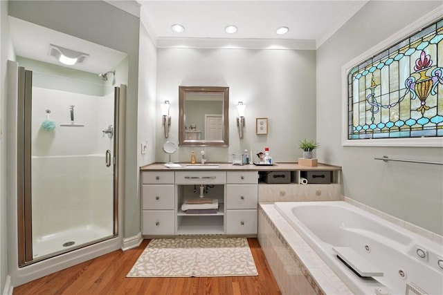 13 Kings Ln, Pine Twp, PA 16127 - full bathroom with a stall shower, a jetted tub, vanity, wood finished floors, and ornamental molding