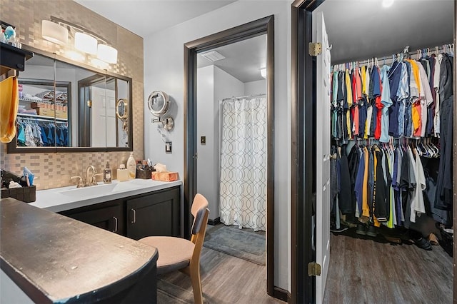 249 Duquesne Blvd, Plum Boro, PA 15068 - full bathroom with wood finished floors, a spacious closet, vanity, tasteful backsplash, and a shower with shower curtain